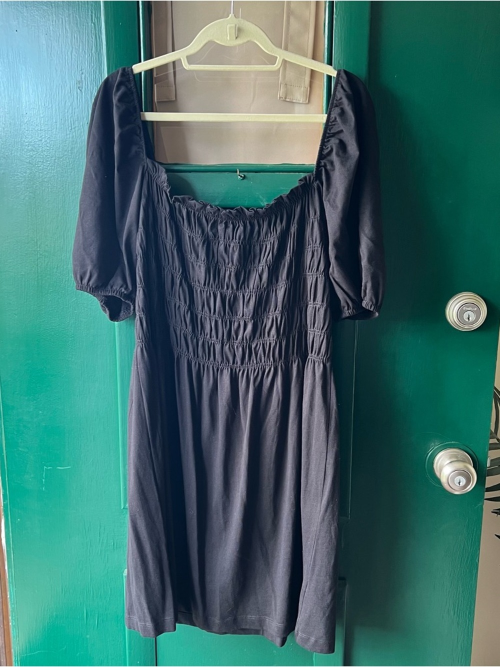 H&M Black Smocked Square Neck Mini Dress with Puff Sleeves